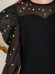 SHEIN 女童撞色网眼人造珍珠铆钉装饰袖连衣裙 - 黑色 - 查看 5