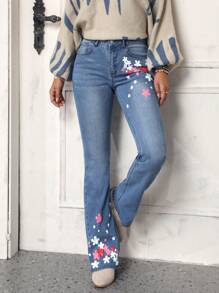 SHEIN LUNE Floral Print Flared Jeans