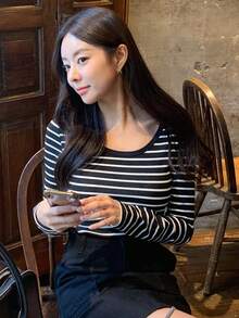 Dazy Star Sọc Vòng cổ Của phụ nữ Áo thun - Đen và trắng - Xem 8