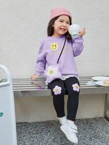 SHEIN 女小童邊緣拼接加絨內裏二合一套頭衫和緊身打底褲 - 紫色 - 查看 6