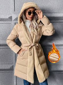 SHEIN Clasi 毛绒装饰连帽系带加厚棉服外套冬季 - 卡其色 - 查看 3