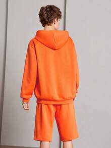 SHEIN 青少年男童休闲纯色印花连帽衫和短裤套装，羊毛加厚 - 橘色 - 查看 10