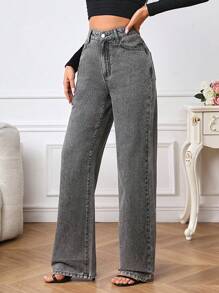 SHEIN Tall High Waist Straight Leg Jeans - Grey - View 3