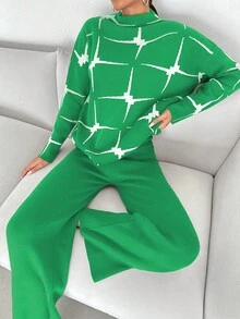 女士幾何圖案下垂肩毛衣和毛衣褲套裝 - 綠色 - 查看 4