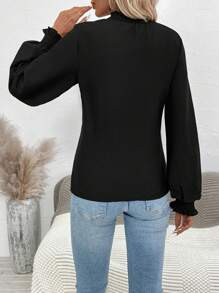 SHEIN Clasi 燈籠袖褶邊領襯衫 - 黑色 - 查看 2