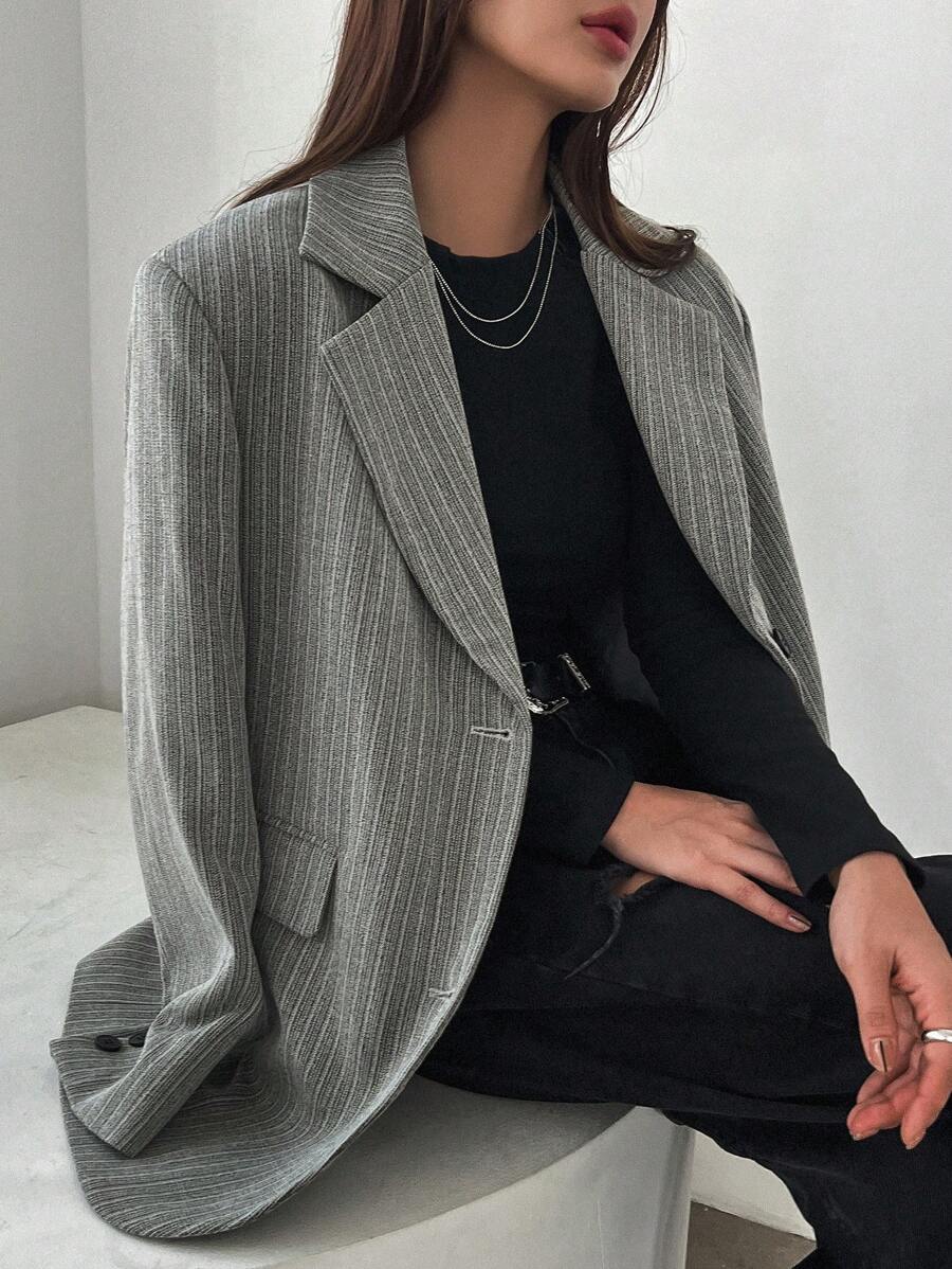 Dazy Star In sọc Cổ áo Áo vest - Xám - Xem 1