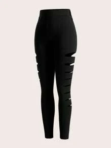 SHEIN Essnce Cut Out Buckle Detail Skinny Pants - Black - View 1