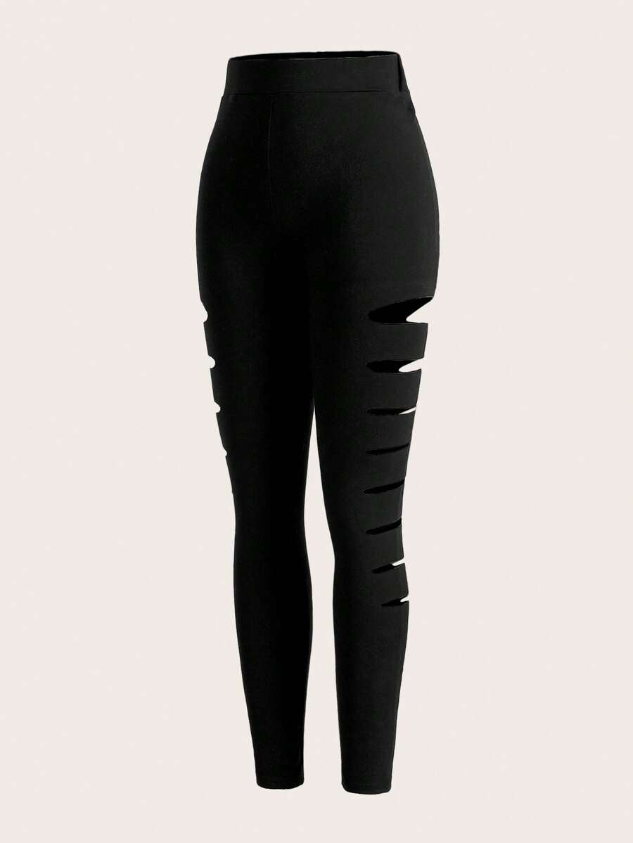 SHEIN Essnce Cut Out Buckle Detail Skinny Pants - Black - View 1