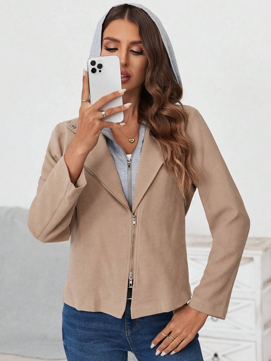 SHEIN LUNE Khối màu Dây kéo Áo khoác moto - Màu Khaki - Xem 1