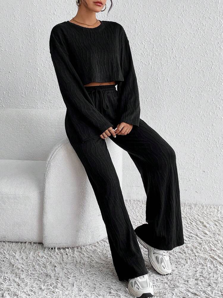 Drop Shoulder Crop Tee & Drawstring Waist Pants