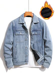 Manfinity Men Flap Pocket Denim Jacket Without Tee - Light Wash - View 1