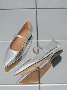 Của phụ nữ Màu bạc Kim loại Thấp Gót chân Giày phẳng Với Nút kim loại Dây đeo Cho mùa xuân & Thoải mái , Và Thoáng khí - Bạc - Xem 7