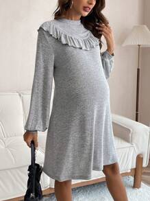 SHEIN Maternity Lantern Sleeve Dress With Ruffled Hem - Grey - View 1