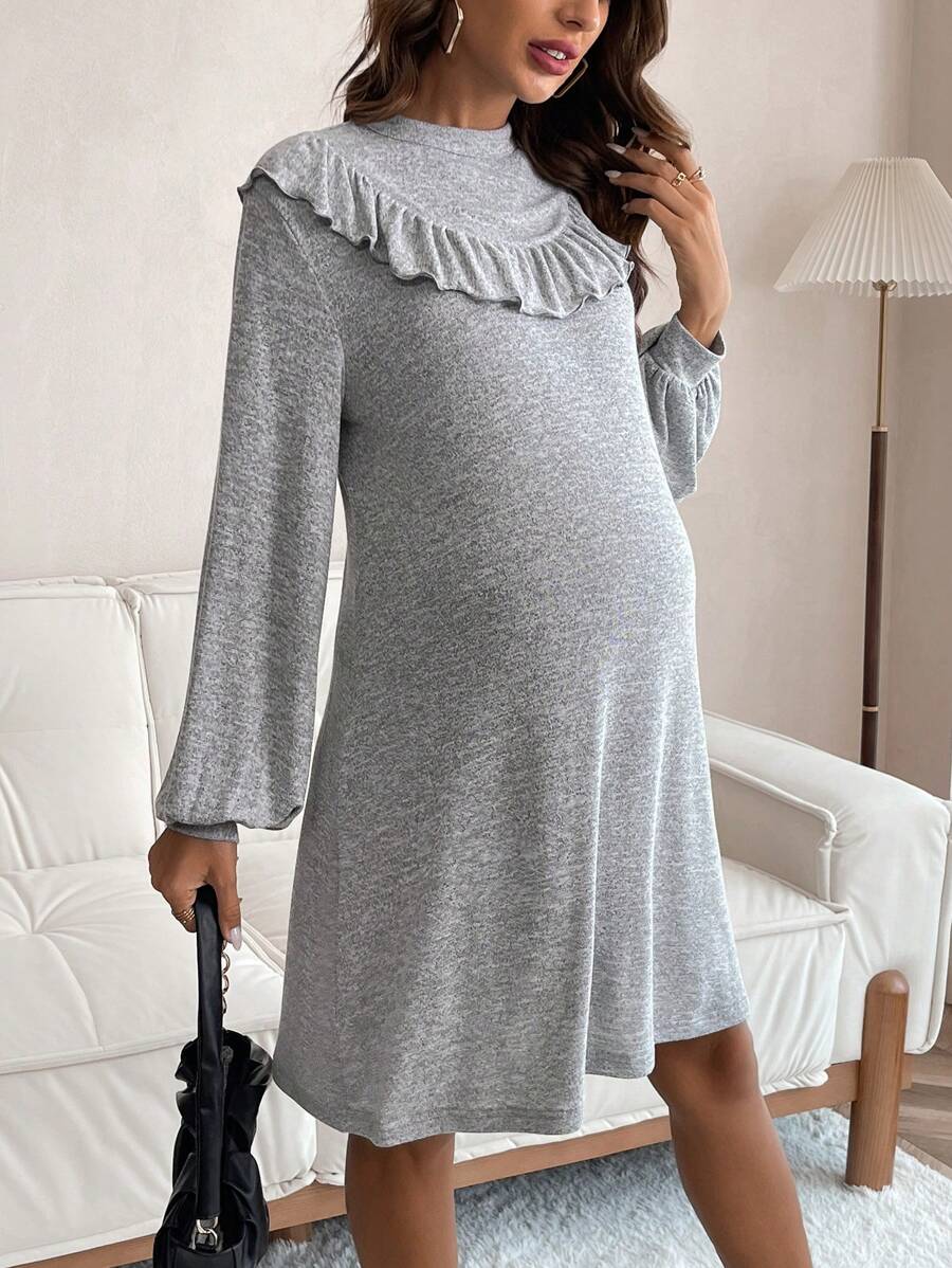 SHEIN Maternity Lantern Sleeve Dress With Ruffled Hem - Grey - View 1