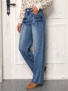 SHEIN LUNE High Waist Straight Leg Jeans - Blue - View 3