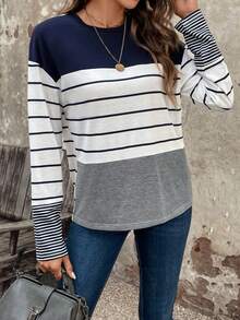 SHEIN LUNE 女用條紋落肩拼布 T 卹 - 彩色 - 查看 3