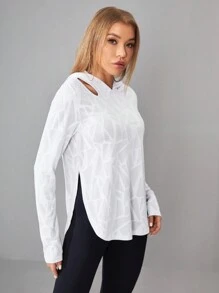 SHEIN Sports 几何印花弧形下摆镂空细节运动卫衣，女士网球服秋季长袖卫衣 - 白色 - 查看 3