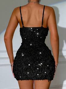 Zolique Glitter Fringe Bodycon Cami Dress - Black - View 2