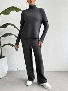 SHEIN Essnce 女士純色高領t恤和束腰褲兩件套