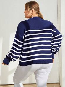 One-size Loose Style Striped Sweater With Drop Shoulder - Navy Blue - View 2