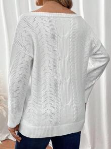 SHEIN LUNE 大碼網眼針織落肩袖套頭毛衣 - 白色 - 查看 2