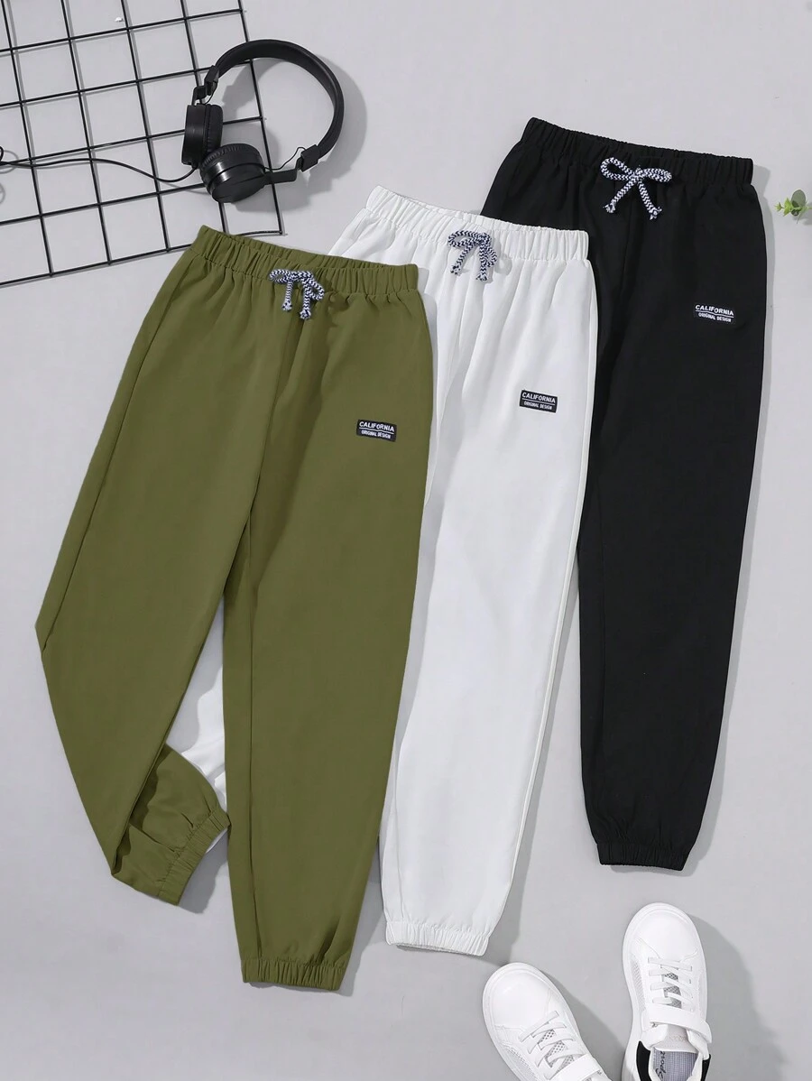 SHEIN 3件套男童纯色慢跑裤 - 軍綠色 - 查看 1