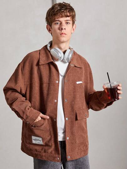 SHEIN 男童字母拼貼帶蓋口袋燈芯絨夾克