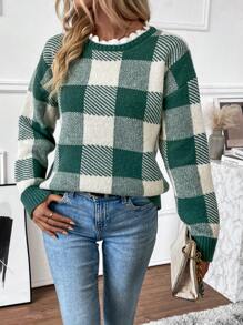 SHEIN LUNE Buffalo Karomuster Oversized Strickpullover für Herbst und Winter - Grün - Übersicht 3