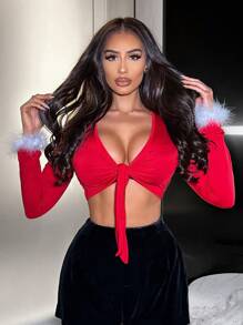 SHEIN SXY 聖誕節服裝,毛絨袖口打結前短後長短上衣 - 彩色 - 查看 1