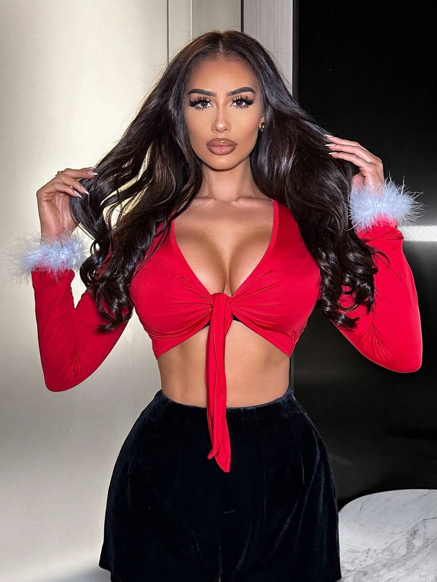 SHEIN SXY 聖誕節服裝,毛絨袖口打結前短後長短上衣 - 彩色 - 查看 1