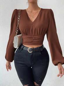 SHEIN Privé Tay áo lồng đèn Xù Áo sơ mi Crop - Rỉ Nâu - Xem 2