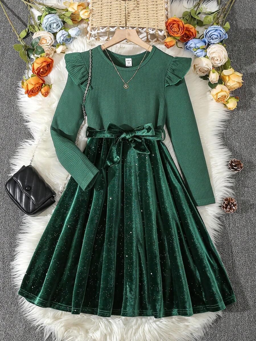 SHEIN Cô gái Tween Viền Ruffle Váy có thắt lưng - màu xanh lá - Xem 1