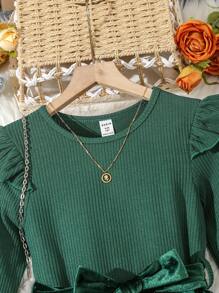 SHEIN Cô gái Tween Viền Ruffle Váy có thắt lưng - màu xanh lá - Xem 4