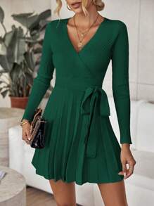 SHEIN LUNE V-neck Pleated Hem Belted Sweater Dress - Dark Green - View 4