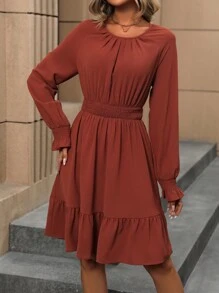 SHEIN Clasi 抽褶袖口袖荷葉邊洋裝 - 棕色 - 查看 3