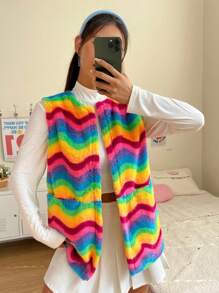 SHEIN EZwear Wave Rainbow Striped Pattern Dual Pocket Teddy Vest Coat - Multicolor - View 4