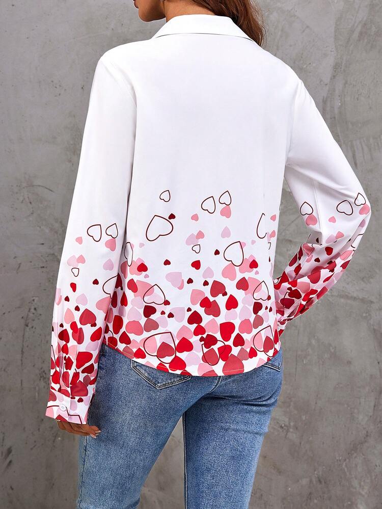 Heart Print Button Up Shirt Fall Cloth For Women