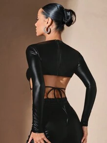 SHEIN BAE Solid Tie Back Crop PU Leather Tee - Black - View 7