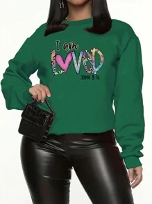 SHEIN Unity Plus Size Loose Fit Fleece Sweatshirt With Slogan Print And Drop Shoulder Design - Dark Green - View 1