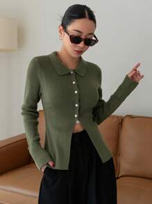 Dazy Designer 純色釦扣肋針織開衫 - 綠色 - 查看 5
