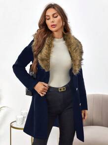 SHEIN Clasi Fuzzy Collar Flap Pocket Overcoat - Navy Blue - View 7