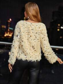 SHEIN BAE Thả vai Kim sa Đan mềm mại Áo len - Màu be - Xem 2