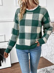 SHEIN LUNE Buffalo Karomuster Oversized Strickpullover für Herbst und Winter - Grün - Übersicht 4