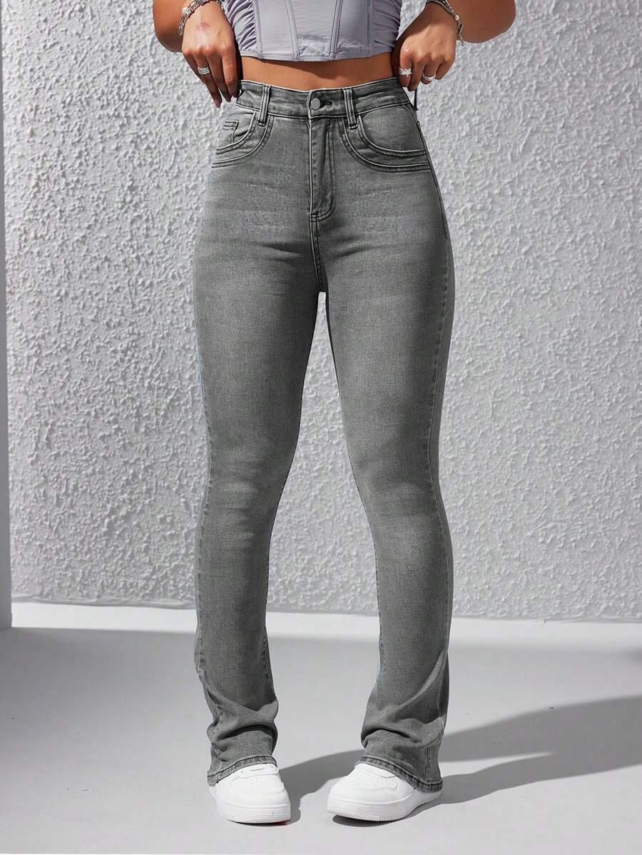 Jeanoix High Waist Flare Leg Jeans - Grey - View 1
