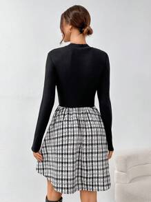 SHEIN Essnce 女式立領格紋連身裙 - 黑色 - 查看 2