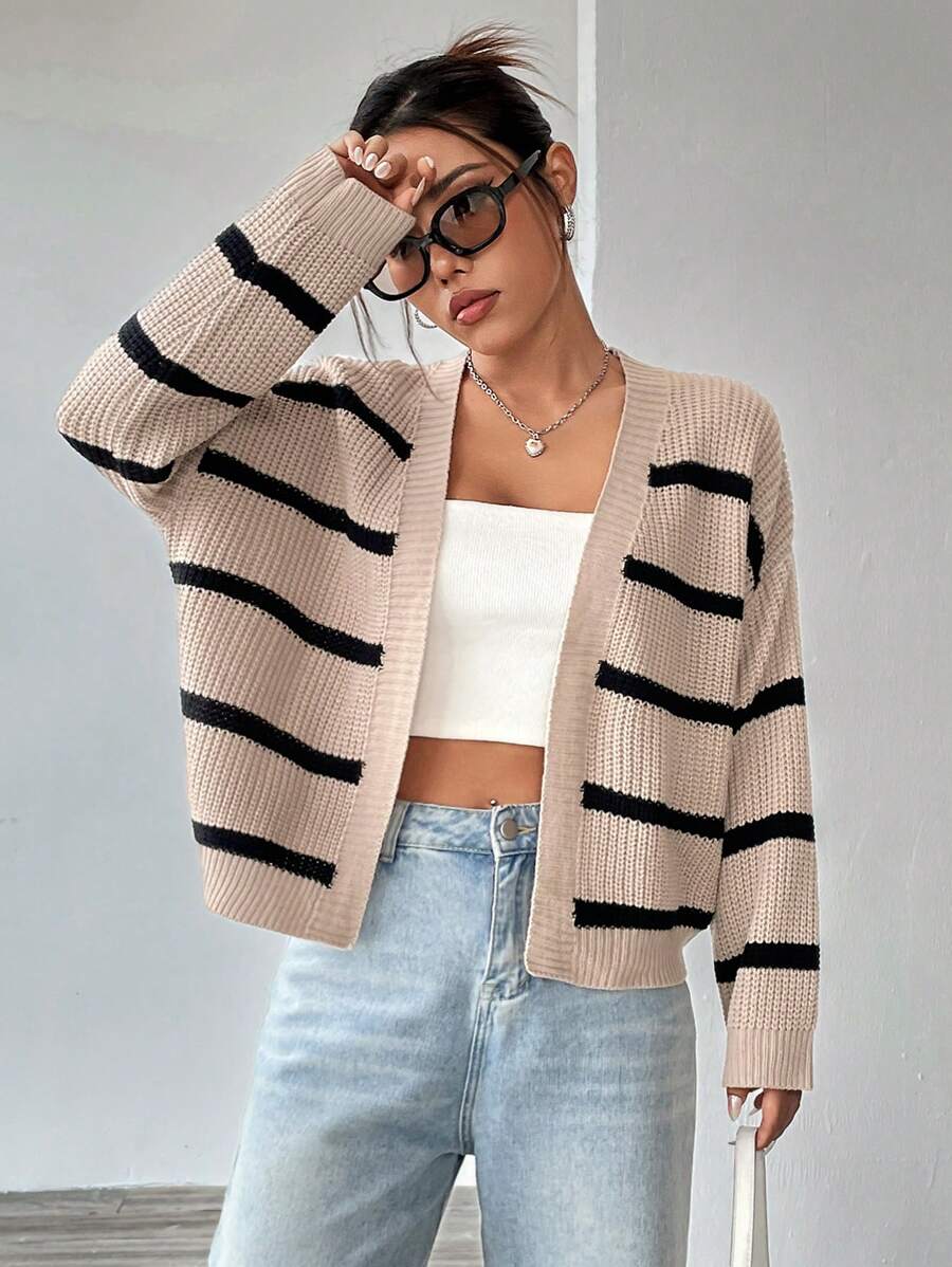 SHEIN Unity 條紋圖案落肩袖開襟開衫 - 彩色 - 查看 1