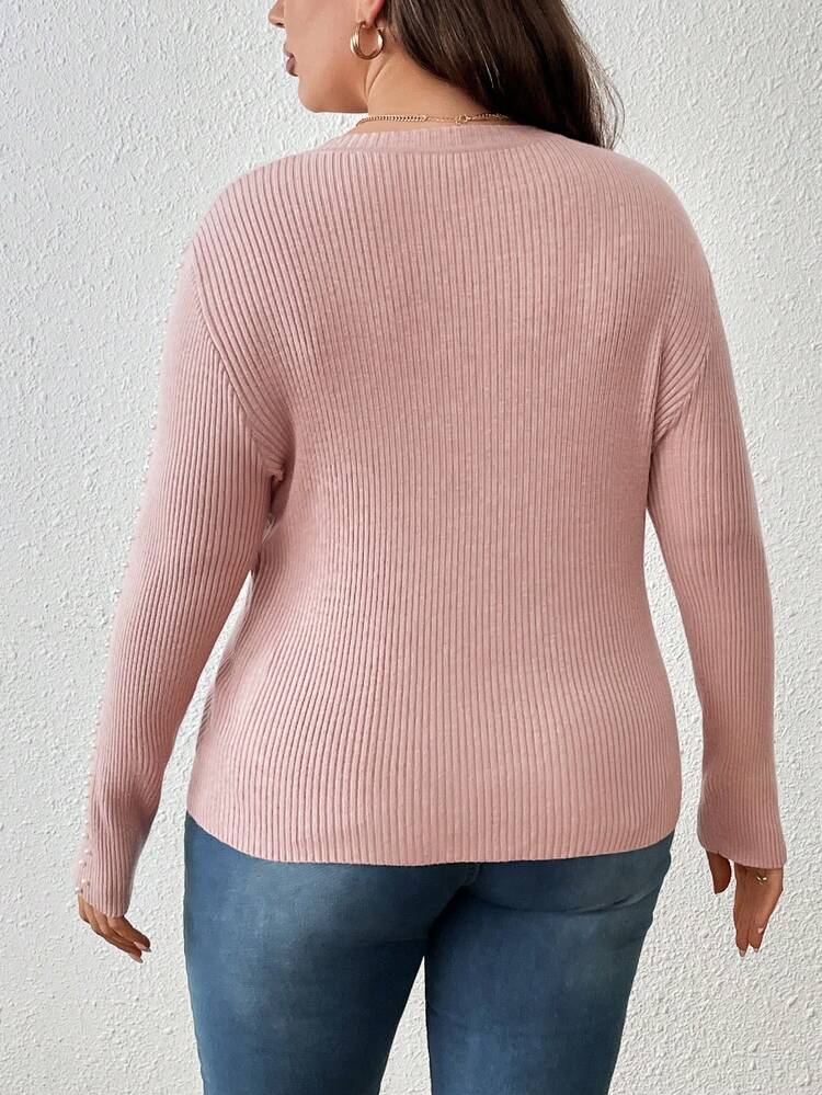 Plus Pearls Beaded Ribbed Knit Sweater