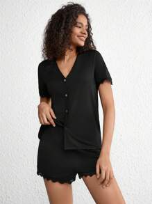 Ladies' Lace Patchwork Pajama Set - Black - View 5