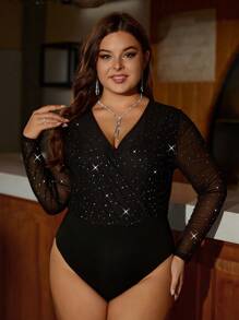 Gownix Plus Size Women's Metallic Star Overlap V-Neck Mesh Long Sleeve Bodysuit,Party Event Suitable For Autumn And Winter