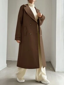 EURMUSE Ladies' Solid Color Double Breasted Woolen Coat With Lapel Collar - Brown - View 4